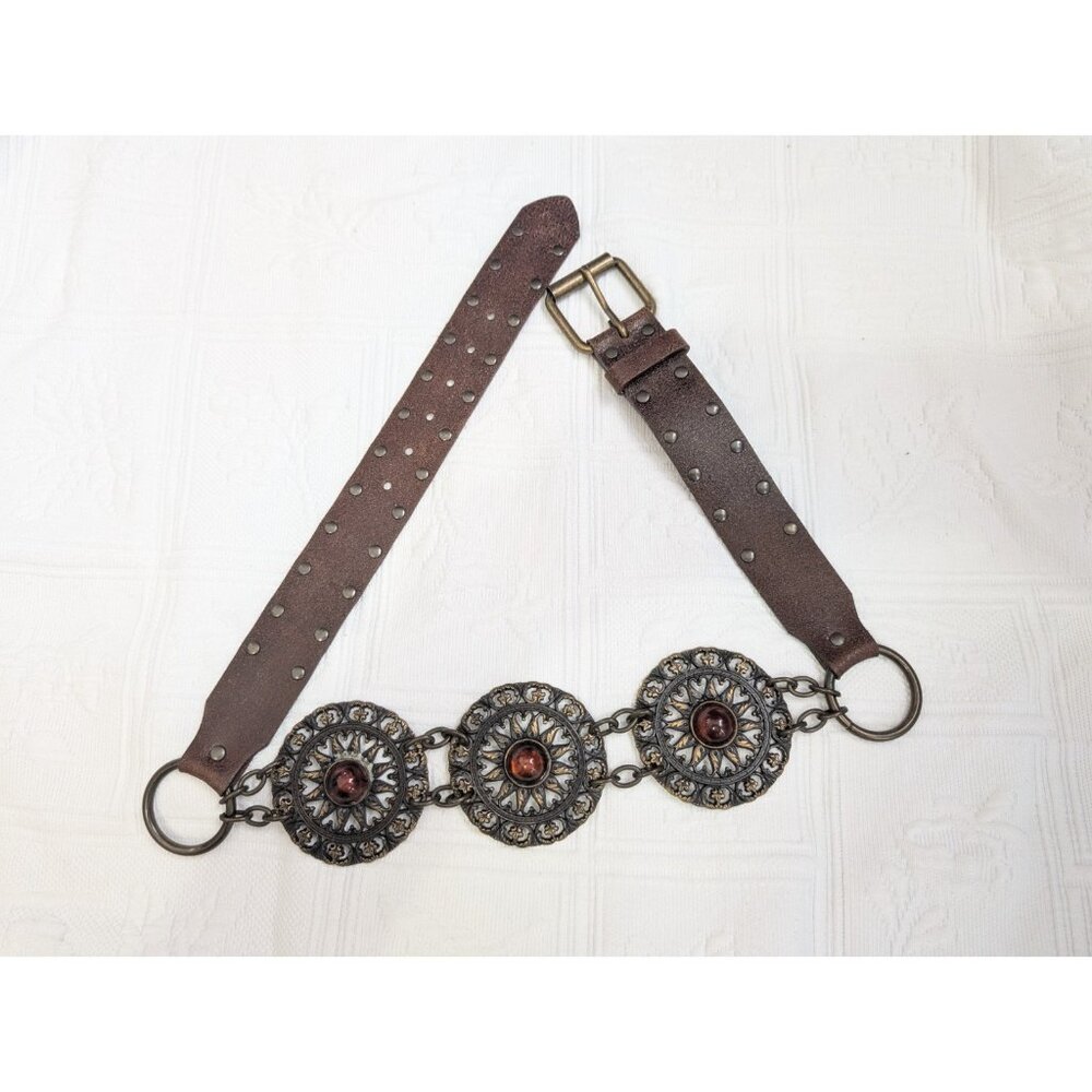 BELT SHAK Women 32" Small Leather Distressed Medallion Boho Y2K dark cottagecore